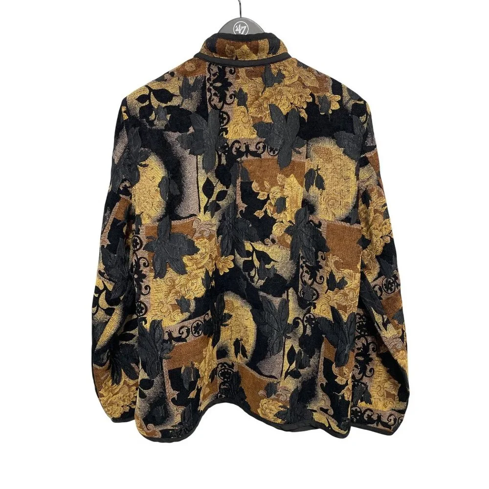 Coldwater Creek XL Reversible Jacket Floral Jaquard Button Brown Black Artsy